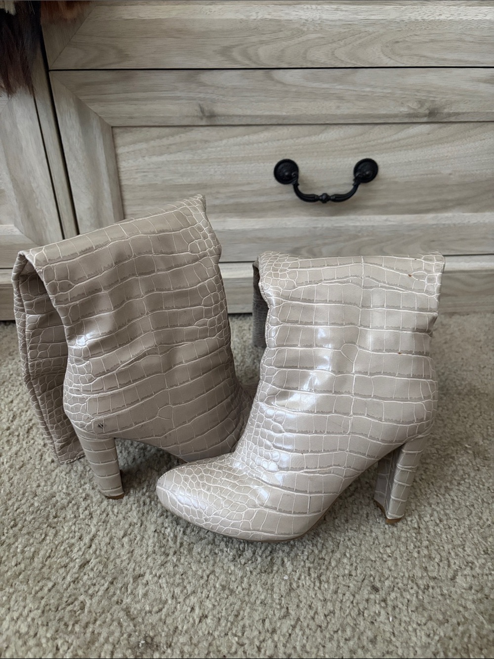 SHEIN Croc-Embossed Fold-Over Ankle Boots in Beige